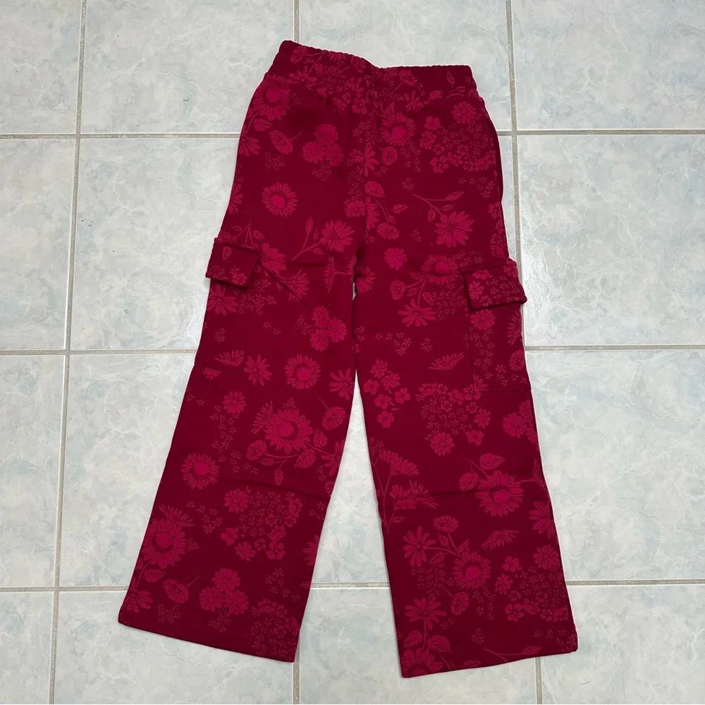 NWT GAP Youth Red Floral Fleece Hoodie and Cargo Pant Set Size Small